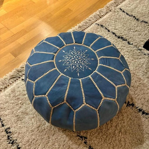 Pouf en Cuir Marocain Artisanal Bleu