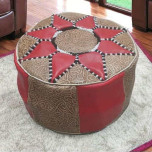 Pouf en Cuir Marocain Artisanal Rouge et Beige
