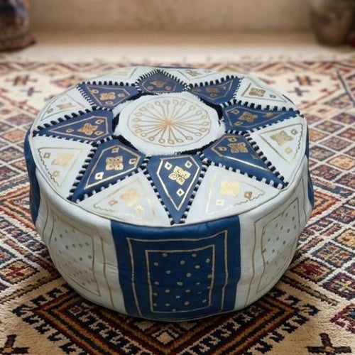 Pouf en Cuir Marocain Artisanal Blanc et Bleu
