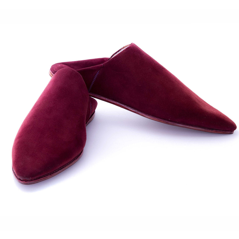 Babouche Marocaine Artisanale en Cuir Suède Rouge Bordeau