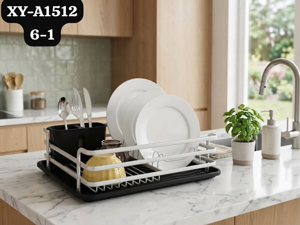 Égouttoir à Vaisselle Moderne Blanc et Noir avec Porte-Couverts
