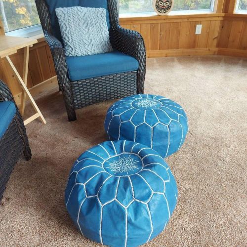 Poufs Traditionnels en Cuir Marocain - Bleu Majorelle / Bleu Turquoise