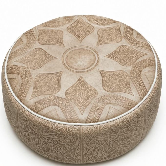 Pouf en Cuir Marocain Artisanal Beige