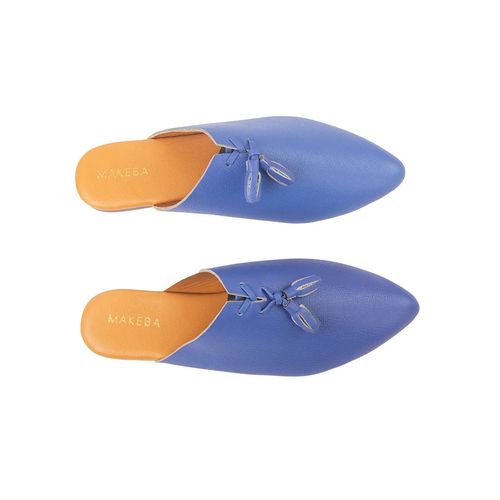 Babouche Marocaine Artisanal en Cuir Bleu Majorelle à Pompons