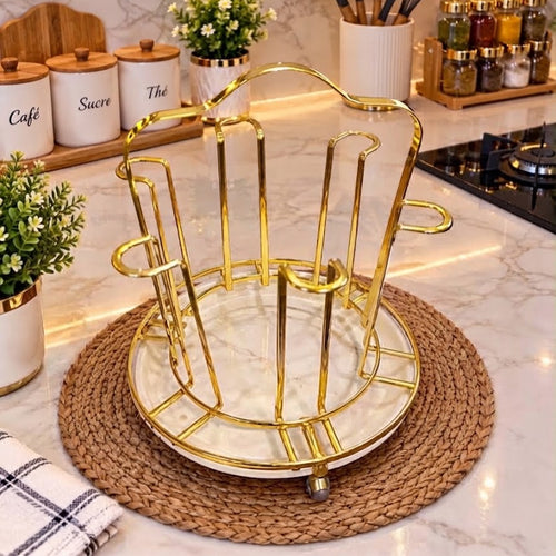 Porte-Tasses et Verres en Métal Doré avec Plateau Égouttoir