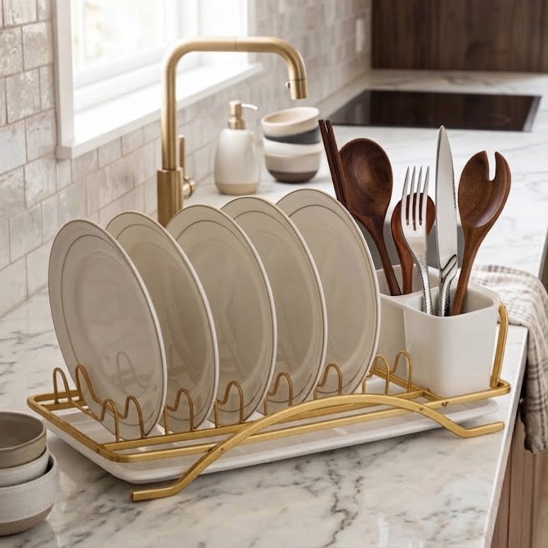 Egouttoir a Vaisselle en Metal Dore avec Porte-Couverts