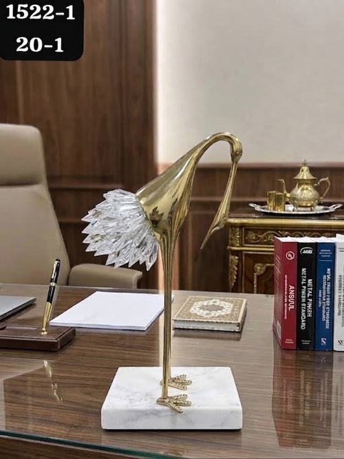 Statue Decorative Oiseau en Metal Dore et Cristal