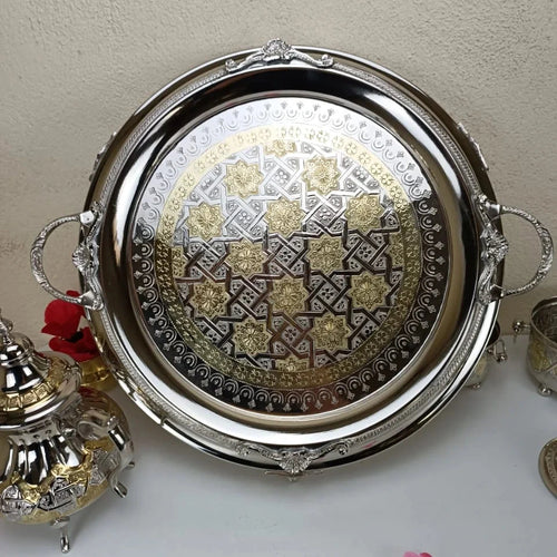 Plateau Artisanal Fassi en Cuivre Bicolore Argenté et Doré 50 cm