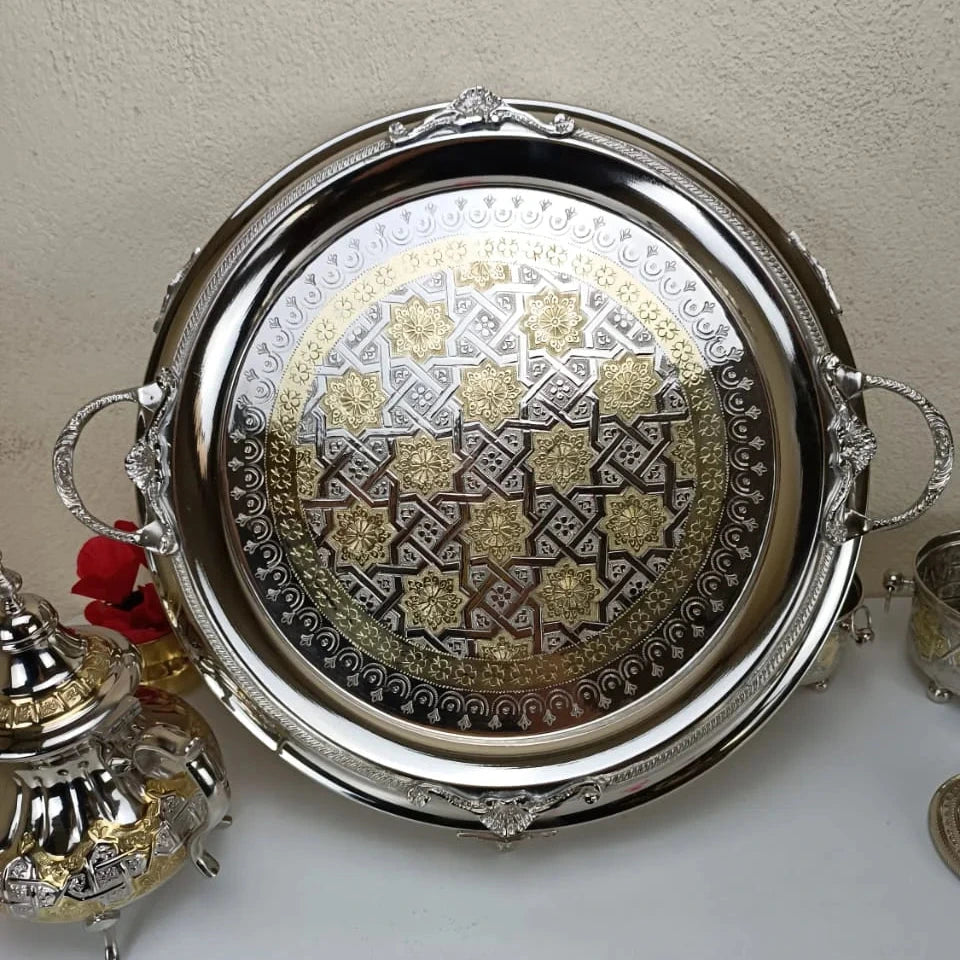 Plateau Artisanal Fassi en Cuivre Bicolore Argenté et Doré 45 cm