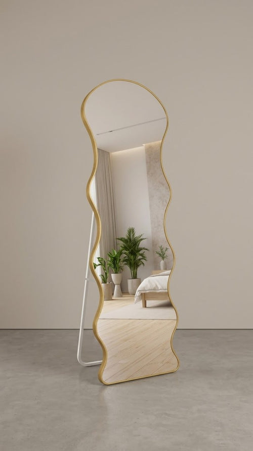 Miroir Sur Pied Ondulé Design Organique Cadre Doré